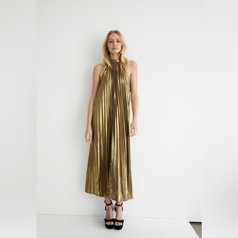 Warehouse Gold Pleated Midi Dress